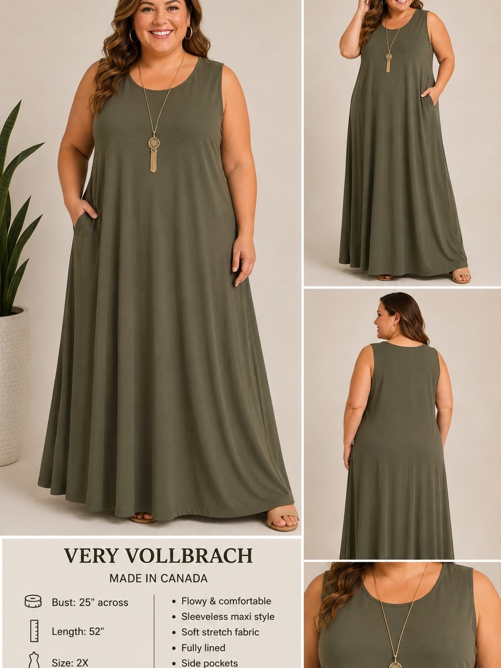 Very Vollbrach 2X Olive Green Sleeveless Maxi Dress Made in Canada Vintage
